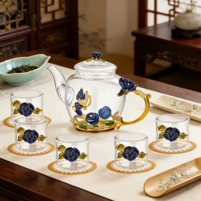 Vintage Floral Glass Tea Set With Gift Box, Borosilicate Teapot And Cups Set With Coasters For Home Tea Party, Family Gathering, And Kitchen Decor | Wayfair North America