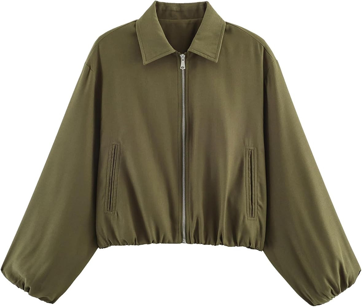 Women's Cropped Bomber Jacket Puffer Sleeve Zip Up Jackets for Fall | Amazon (US)