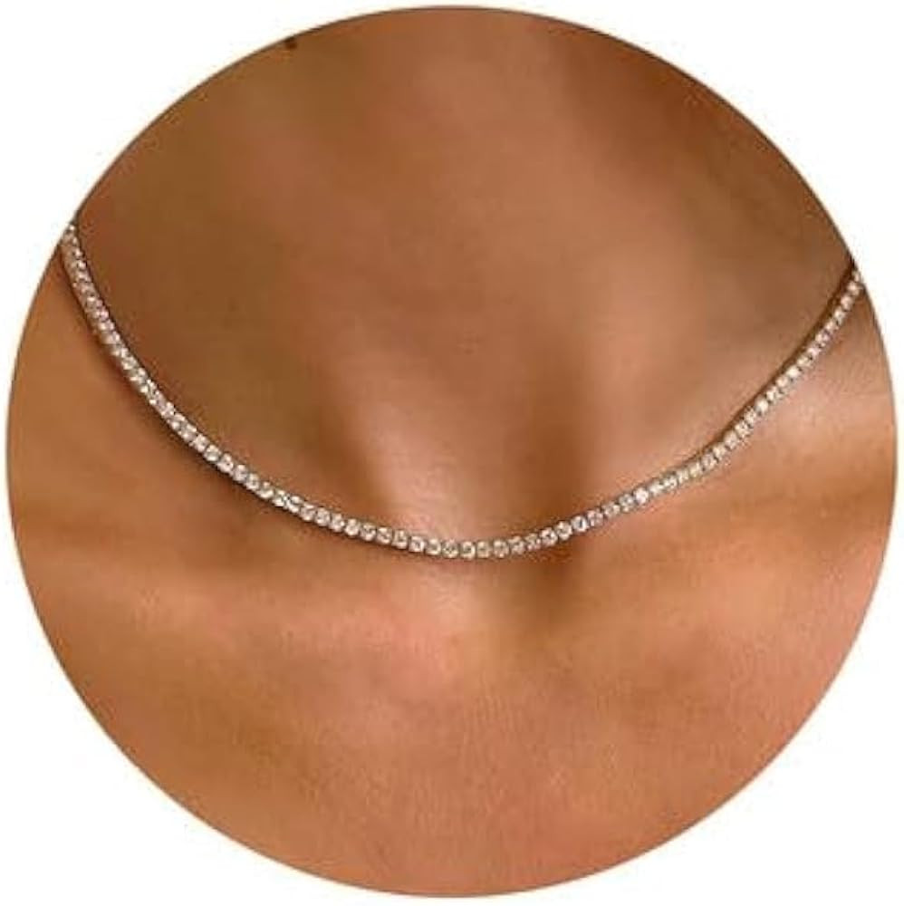 Tewiky Tennis Necklace 14K Gold Plated/Silver Sparking Rhinestone Choker Necklaces Dainty Crystal... | Amazon (US)