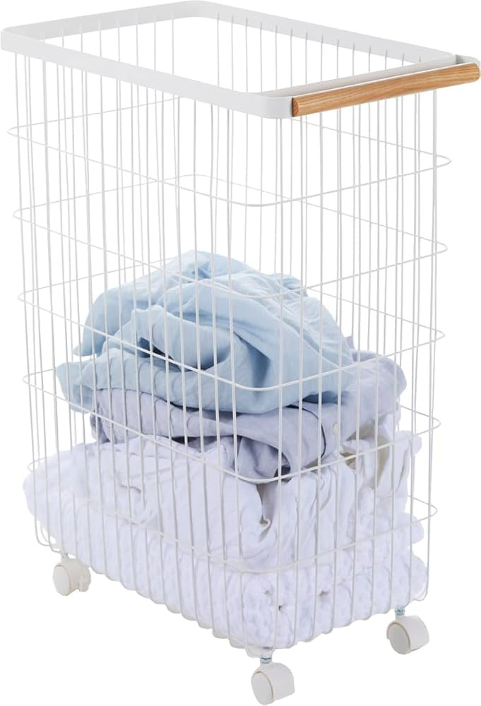 Yamazaki Home Wire Slim Saving Rolling Wheeled Clothing Hamper | Steel + Wood | Laundry Basket, O... | Amazon (US)