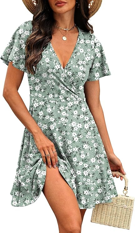 RUMIA Womens Casual Dresses Wrap V Neck Dress A-Line Ruffle Sleeve Summer Sundress Fashion 2026 | Amazon (US)