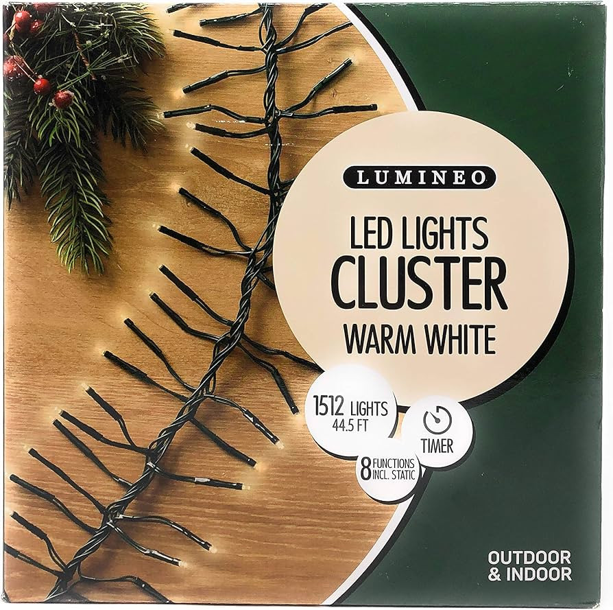Lumineo 1512 LED Warm White Christmas Cluster Lights Set, Green Wire 44.5 Ft | Amazon (US)