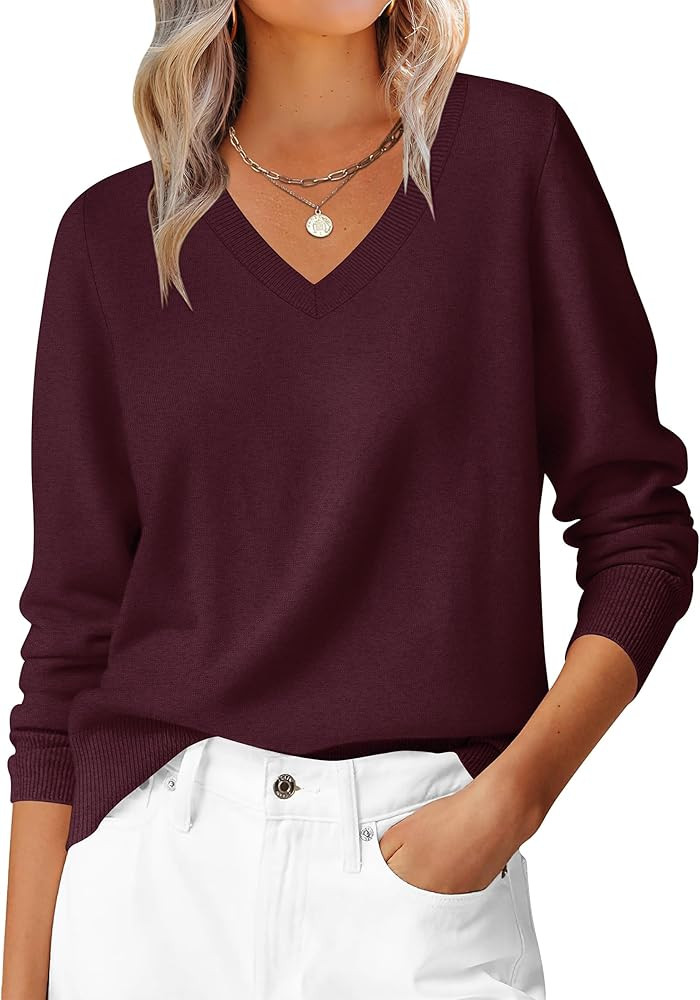 ANRABESS Womens Long Sleeve V Neck Sweaters 2025 Fall Casual Classic Soft Loose Fit Basic Pullove... | Amazon (US)