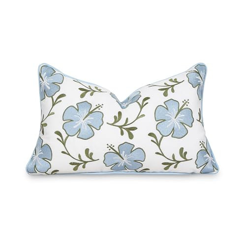 Hofdeco Premium Coastal Patio Indoor Outdoor Lumbar Pillow Cover Only, 12"x20" Water Repellent for Backyard, Couch, Baby Blue Green Embroidered Hibiscus Floral with Piping | Amazon (US)