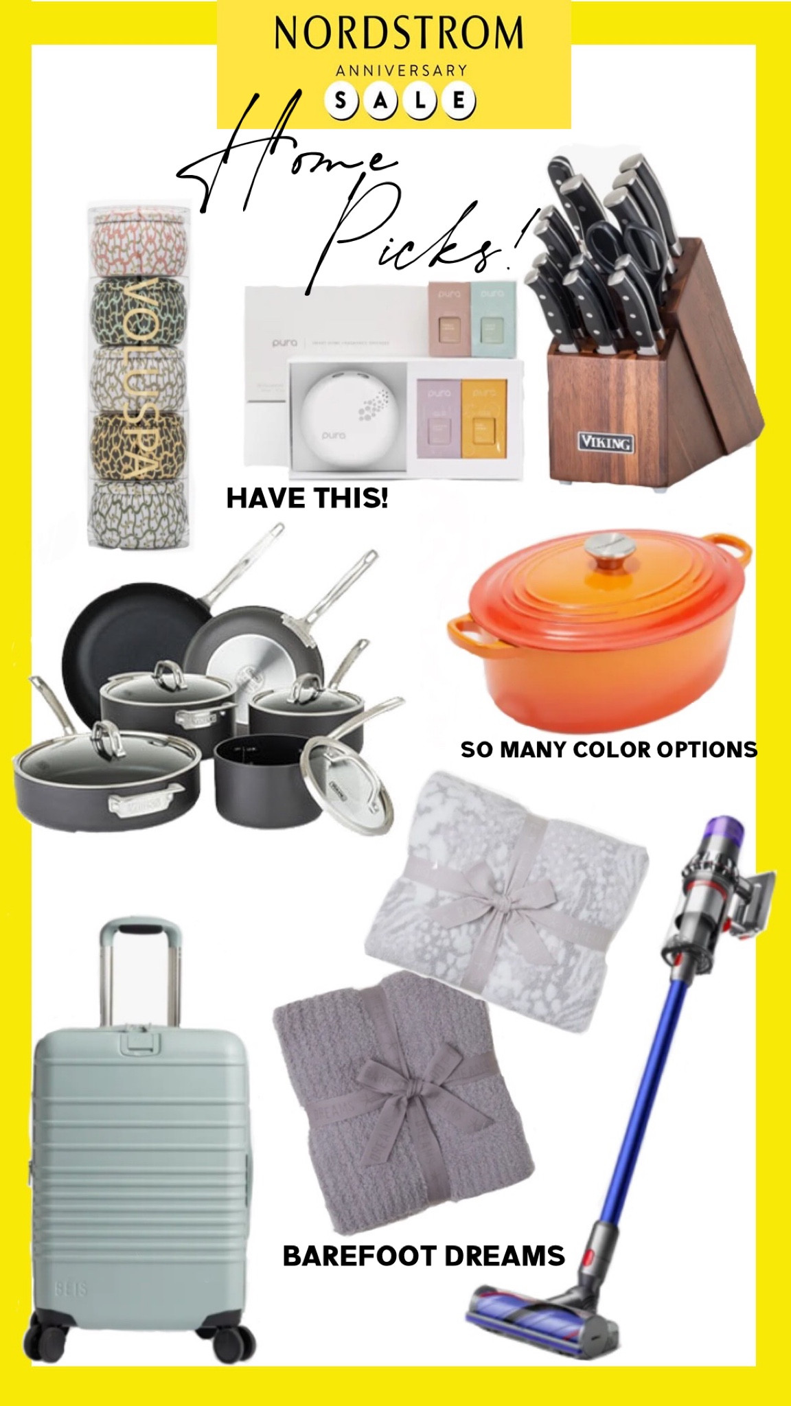 Nordstrom Home finds are in the anniversary sale! From Viking pots and pants sets, Pura home sets in studio mcgee and the ultra popular volcano candle scent too. Voluspa candles that make great holiday gifting idea, Le Creuset dutch oven - thats an Nordstrom Exclusive, Barefoot dreams throw blankets and travel sets, Dyson vacuum cleaner (i have and LOVE!) And Beis travel luggage sets! These make great home decor upgrades for the new season and great holiday gifts for newly weds and family/friends too. Home kitchen gadgets, home air fresheners, studio mcgee, Dyson, designer sale, anniversary sale picks. 

#LTKhome #LTKsalealert #LTKxNSale