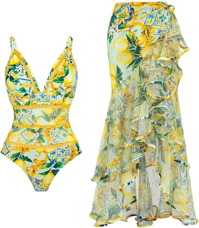 Women’s One Piece Swimsuit 2 Pieces Floral Print Swimsuit and Beach Cover Up Wrap Skirt Sexy Be... | Amazon (US)
