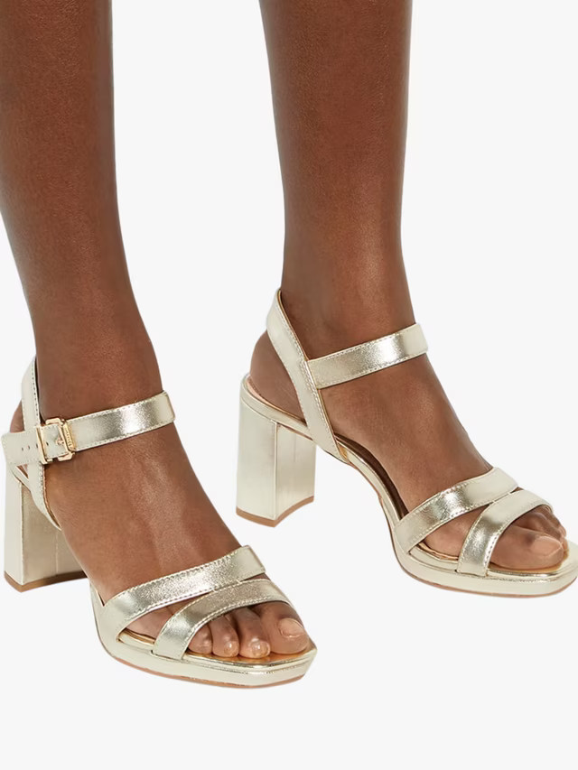 Dune London Manifesting Leather Block Heeled Sandals, Gold | John Lewis (UK)