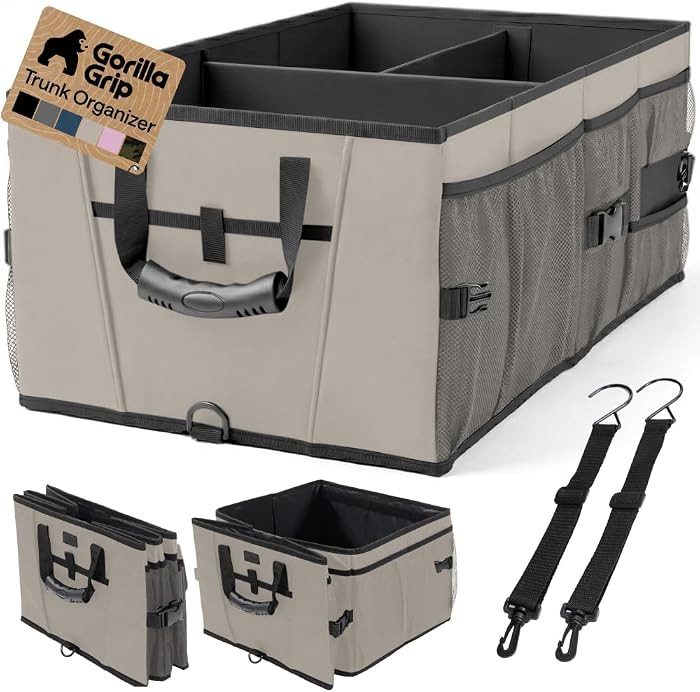 GORILLA GRIP Trunk Organizer for SUV and Cars, Large Capacity Collapsible Car Trunk Storage Organizer, Heavy Duty Car Accessories, Gifts for Mom and Dad, Slip & Water Resistant Multi Compartment Beige | Amazon (US)
