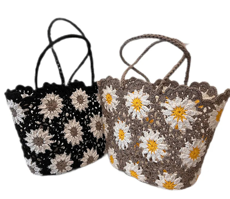 Crochet Daisy Tote Bag-Beach Bag-Hand Knitted Crochet Summer Bag-Knit Tote Bag for Summer Vacatio... | Etsy (US)