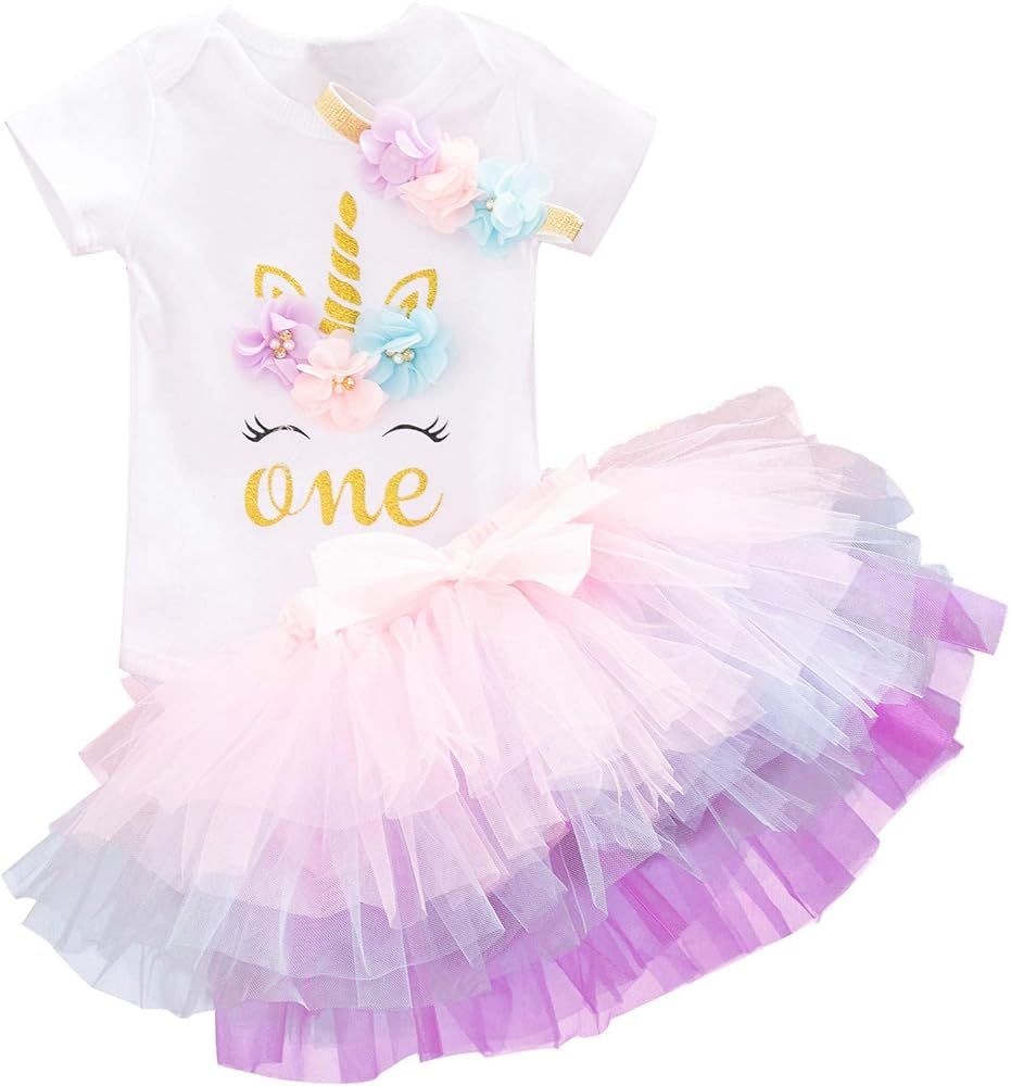 NNJXD Baby Girls 1st Birthday Unicorn Outfits Set Rainbow Tutu Skirt+ Unicorn T-Shirt+ Flower Hea... | Amazon (US)