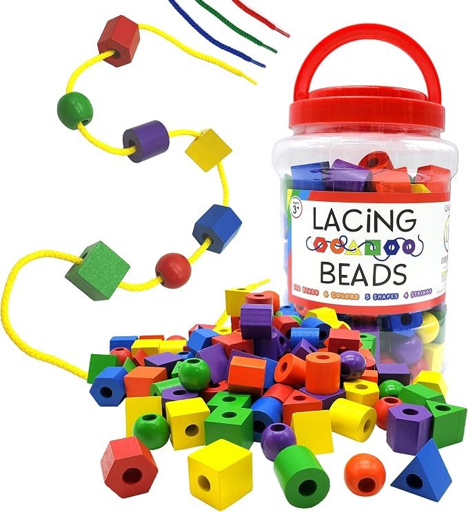 Wooden Lacing Beads & Strings 125 Pieces, Fine Motor Skills Toys for 3 Year Old, Fine Motor Toys,... | Amazon (US)