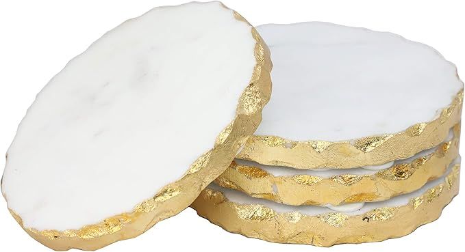 P & E Coasters for Drinks | Set of 4, Luxury White Marble Coasters with Gold Edges, Housewarming ... | Amazon (US)