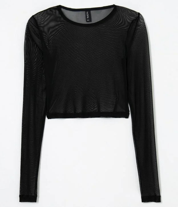 Blusa Cropped em Tule com Manga Longa Preto | Renner (BR)
