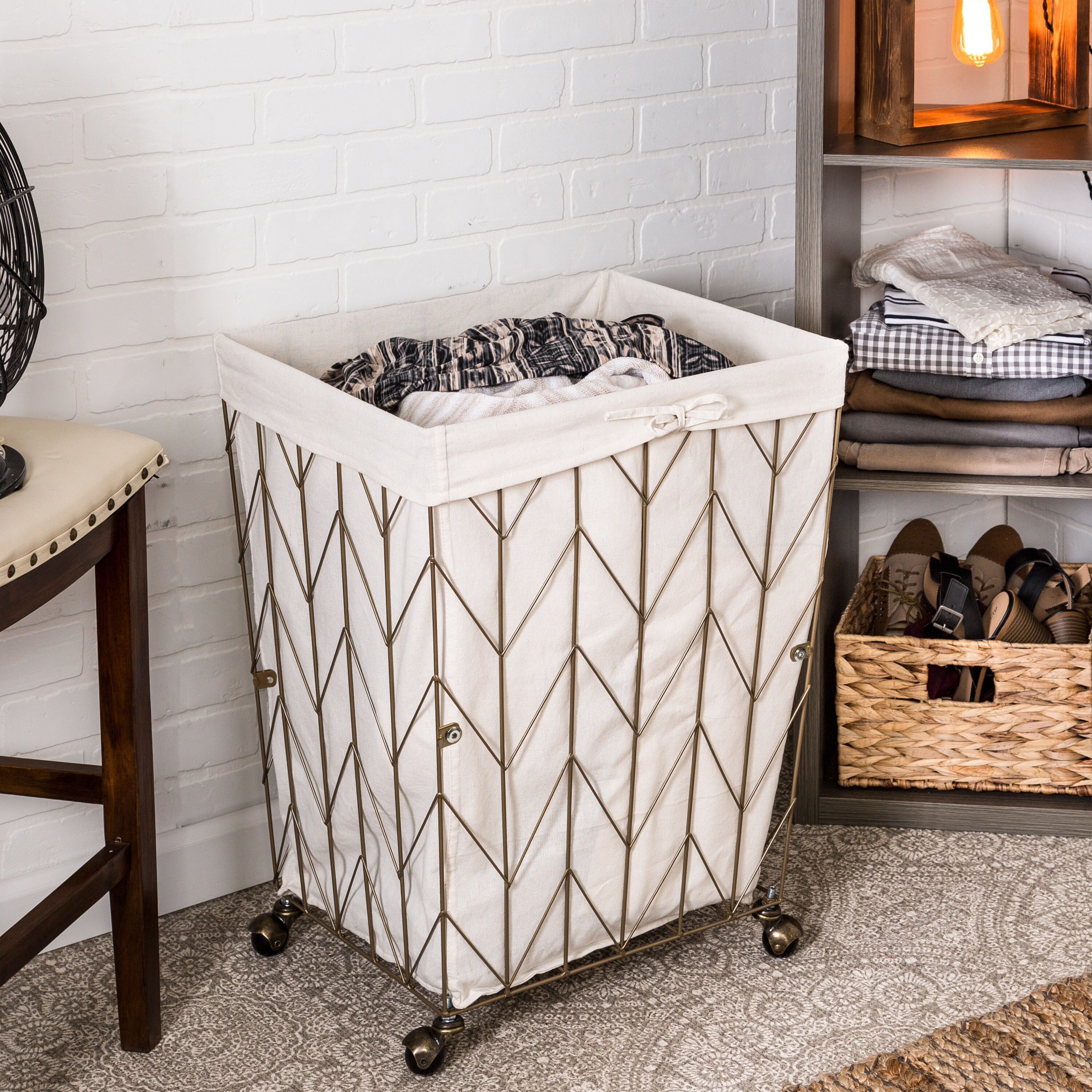 Antique Gold Steel Rolling Chevron Wire Hamper | Bed Bath & Beyond