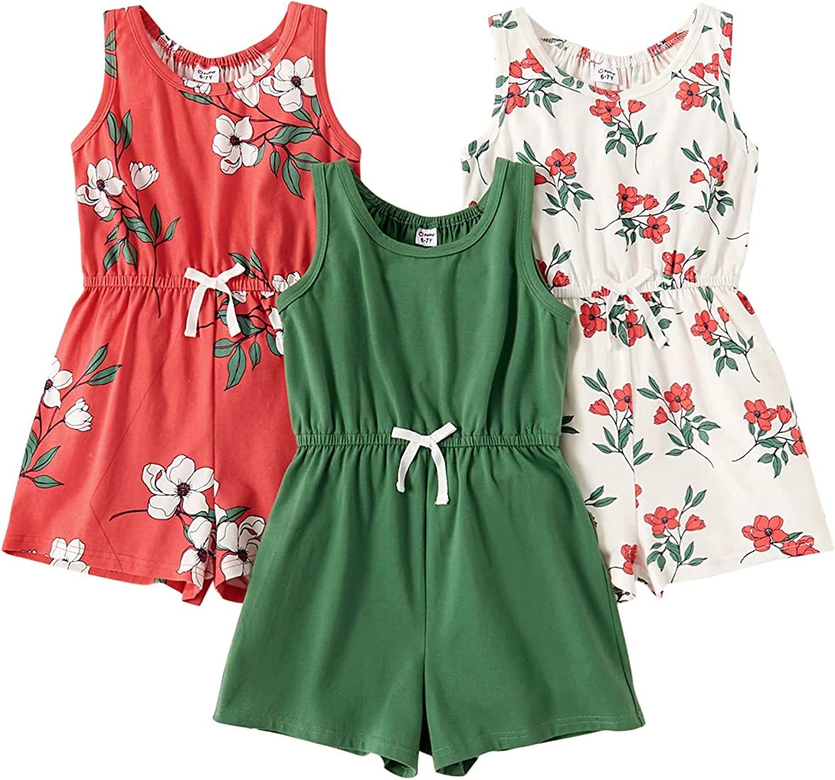Big Kids 1/2/3 Pieces Solid Floral Summer Rompers Little Girl Elastic Waist Sleeveless One Piece ... | Amazon (US)