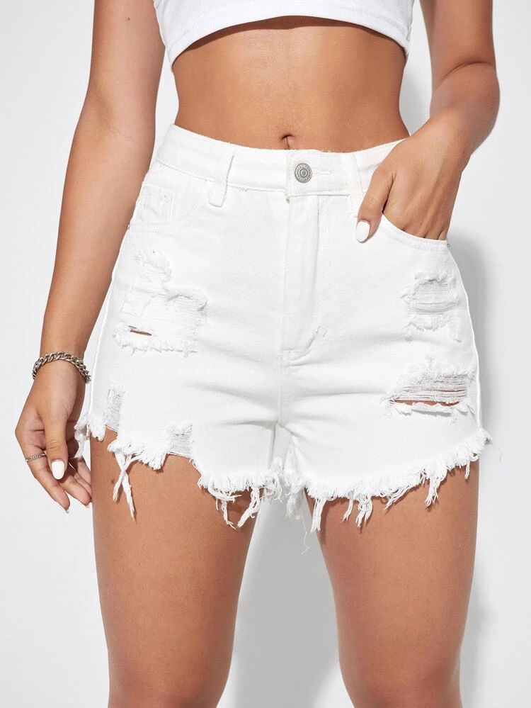 Raw Hem Ripped Denim Shorts | SHEIN