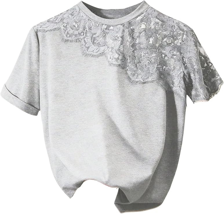 RoseSeek Women's Lace Mesh Patchwork Tops Crew Neck T Shirts Y2k Tops | Lace Tshirt, Loose Fittin... | Amazon (US)