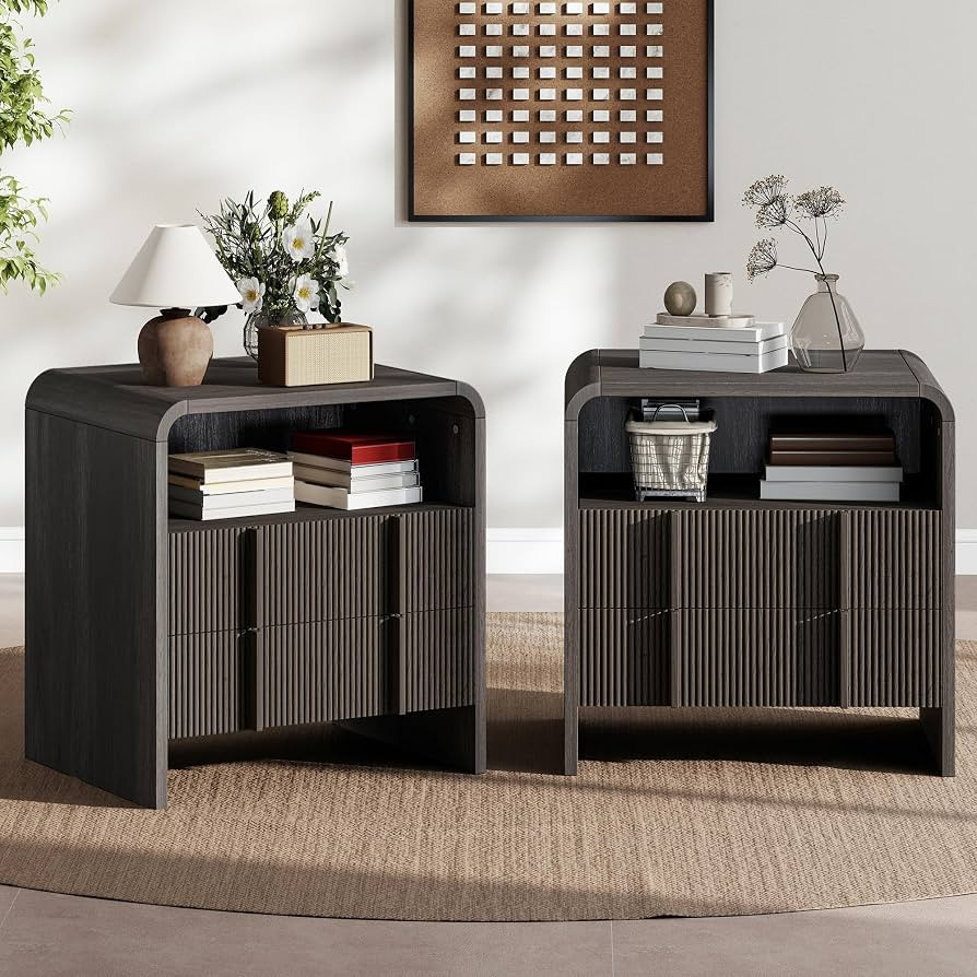AMERLIFE Fluted Nightstands Set 2 with Storage Drawers & Open Shelf, Black | Amazon (US)