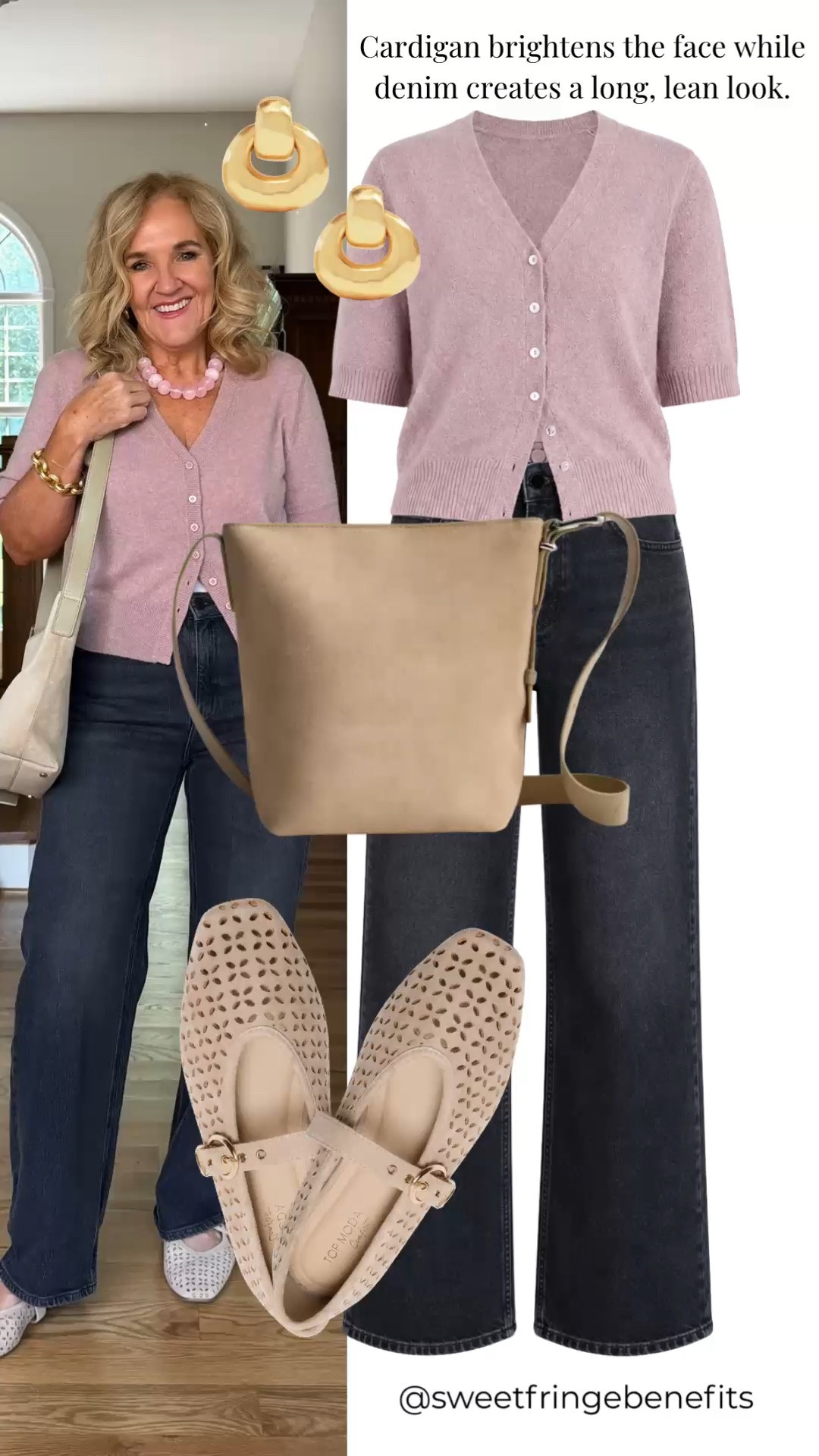 A soft pink cardigan is such an easy way to brighten up a classic denim look. I love the short-sleeve button-front style with dark straight-leg jeans—the combination creates a long, streamlined look while still feeling comfortable and feminine. The neutral crossbody and perforated flats keep everything polished but practical for everyday wear.

💡 LTK MADE EASY
❤️ Heart = Support my posts!
🔖 Save = Get sale & restock alerts
📋 Lists = Keep favorites organized
📲 Share = Send lists and products to a friend. Hello, Christmas List!
💬 Comment = Ask me anything about what I'm wearing.:-)

#LTKootd #LTKgrwm #LTKOver40