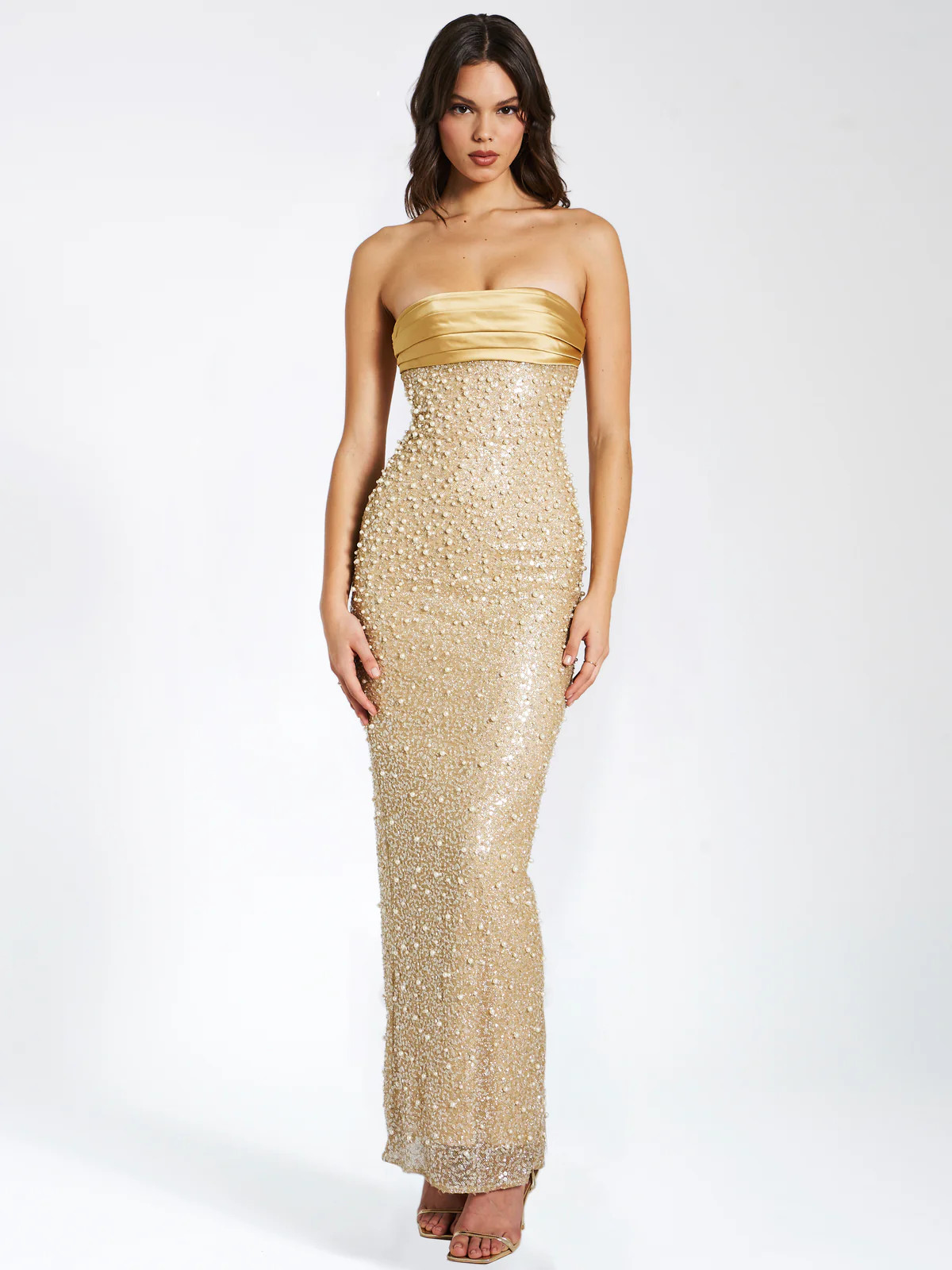 Lainey Gold Satin Sequin Pearls Beaded Maxi Dress | Miss Circle