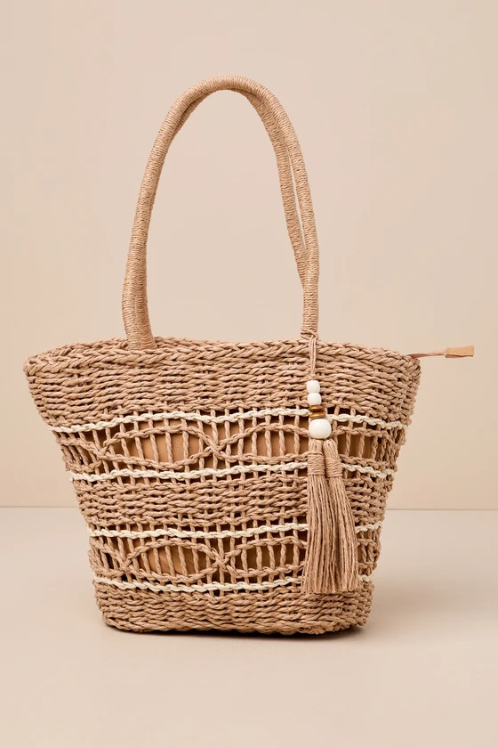 On The Go Aura Tan Striped Woven Tote Bag | Lulus