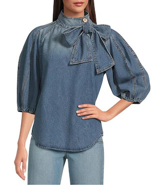 A Loves A Denim 3/4 Puffed Sleeve Pleated Shoulder Tie Neck Denim Top | Dillard's | Dillard's