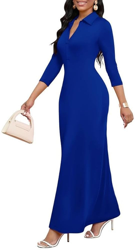 Maxi Dresses for Women Casual V Neck 3/4 Sleeve Bodycon Long Maxi Party Holiday Dresses Semi Form... | Amazon (US)