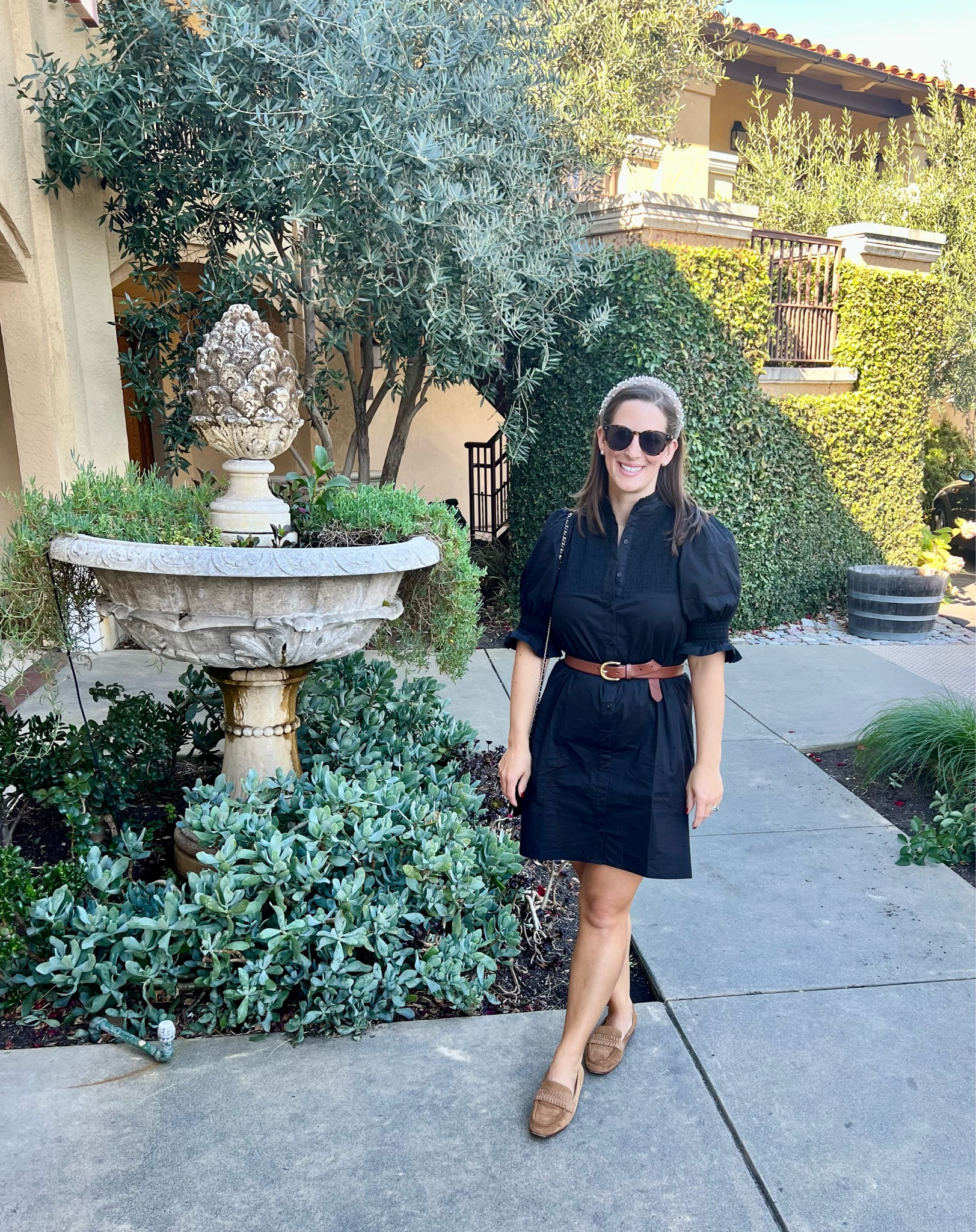 Wore this Taylor Tillman shirt dress with smocked neckline and sleeves for our day of wine tastings! 
Wearing size small in the dress- belting gives it a bit more shape.