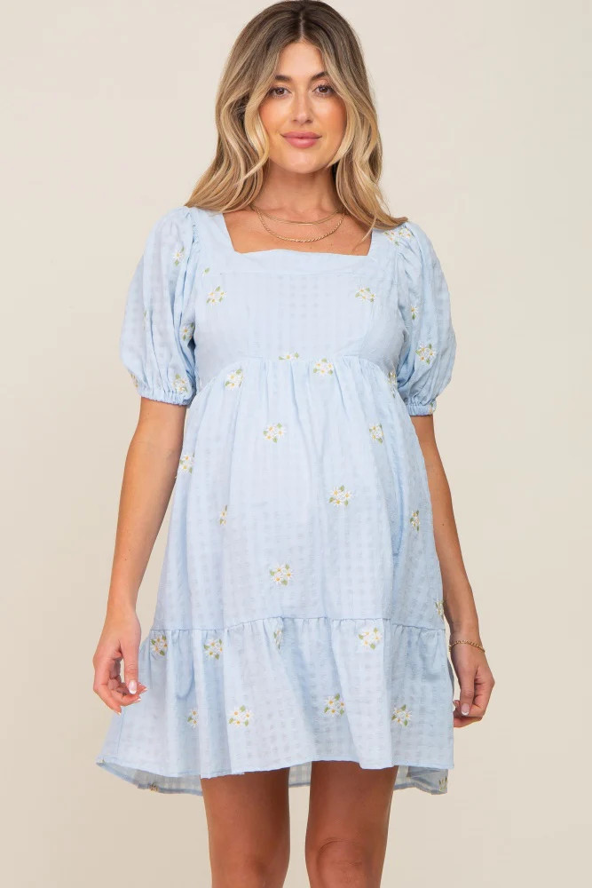 Light Blue Floral Embroidered Puff Sleeve Maternity Dress | PinkBlush Maternity
