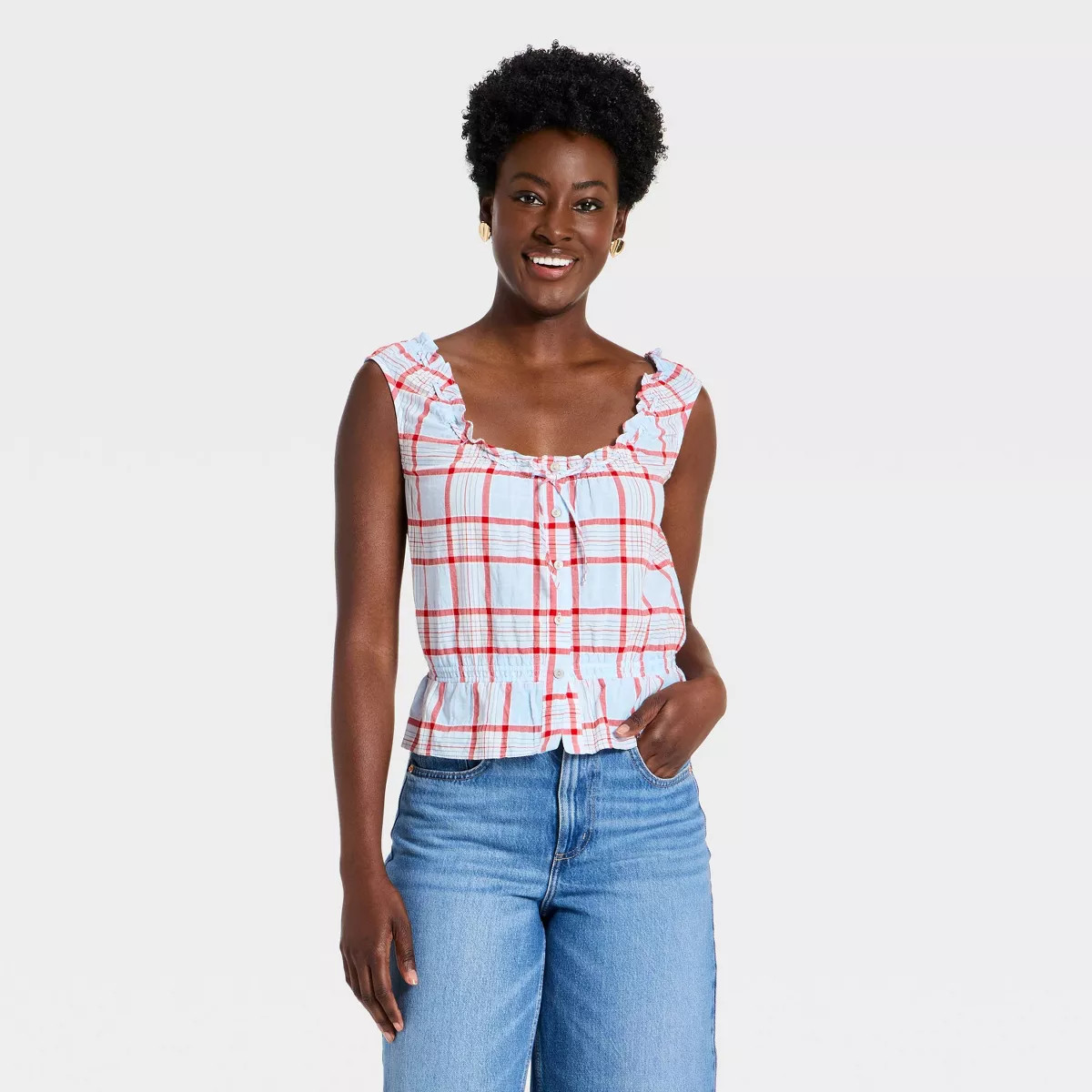Women's Front Button-Down Tank Top - Universal Thread™ Blue Plaid S | Target