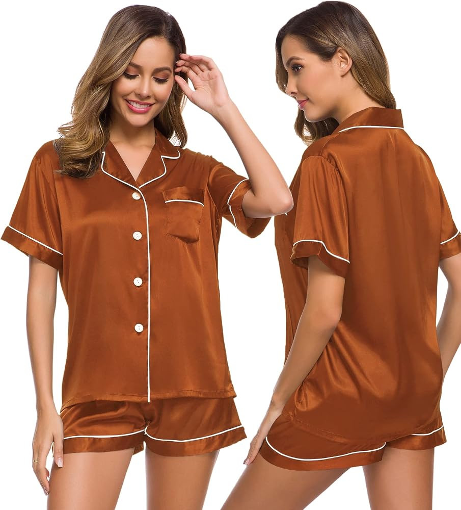 SWOMOG Womens Silk Satin Pajamas Set Two-piece Pj Sets Sleepwear Loungewear Button-Down Pj Sets | Amazon (US)