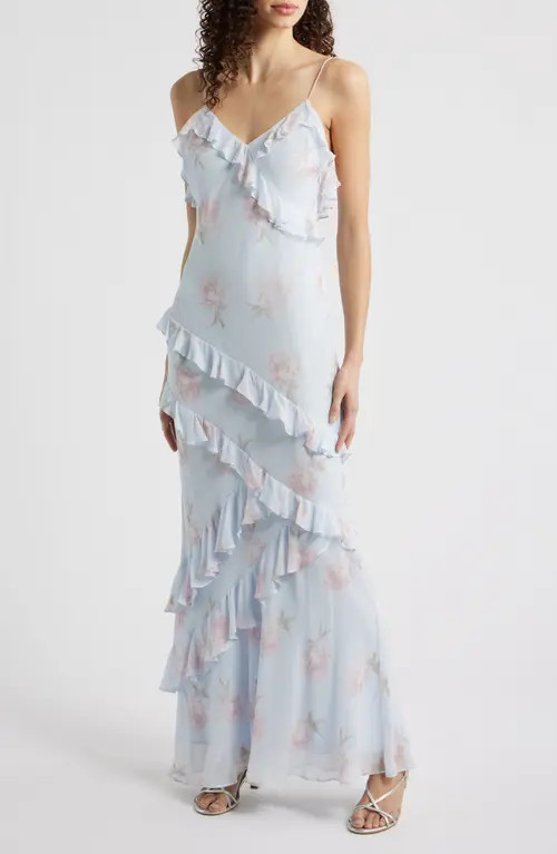 LoveShackFancy Rialto Floral Ruffle Dress in Blue Roan at Nordstrom, Size 12 | Nordstrom