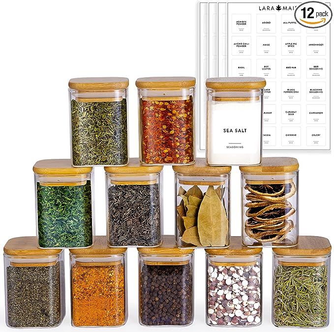 Laramaid 7oz 12Packs Glass Jars Set, Square Spice Jars with Bamboo Lids and Customized Labels, Fo... | Amazon (US)