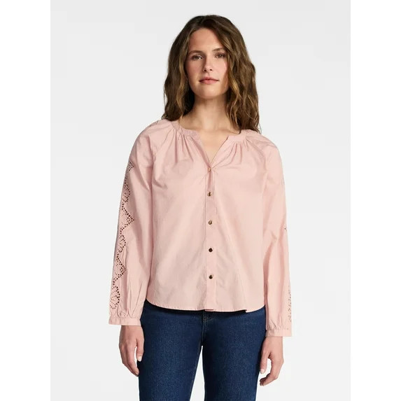 Time and Tru Women's Broderie Blouse with Long Sleeves, Sizes XS-XXXL | Walmart (US)