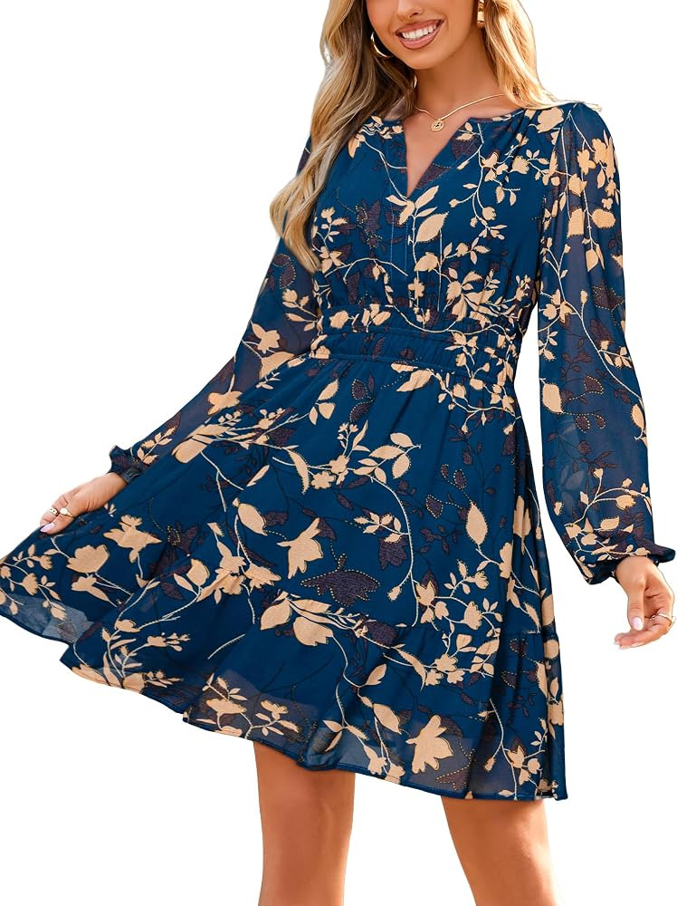 Simplee Womens Fall Floral Mini Dress Boho Chiffon Flowy Short Dress | Amazon (US)