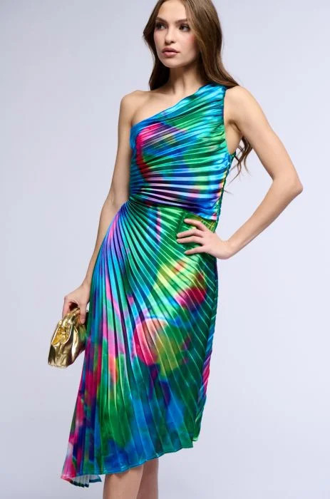 WATERCOLOR PLEATED SATIN MIDI DRESS | AKIRA