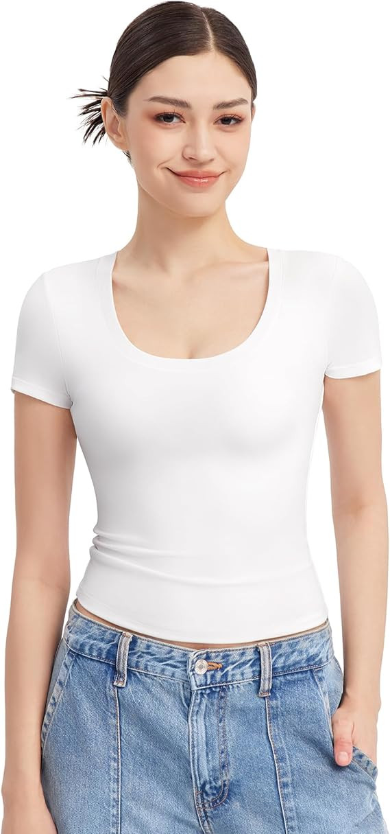 PUMIEY Women's T Shirts Short Sleeve Scoop Neck Basic Going Out Tops Fashion Slim Fit Tee Smoke C... | Amazon (US)