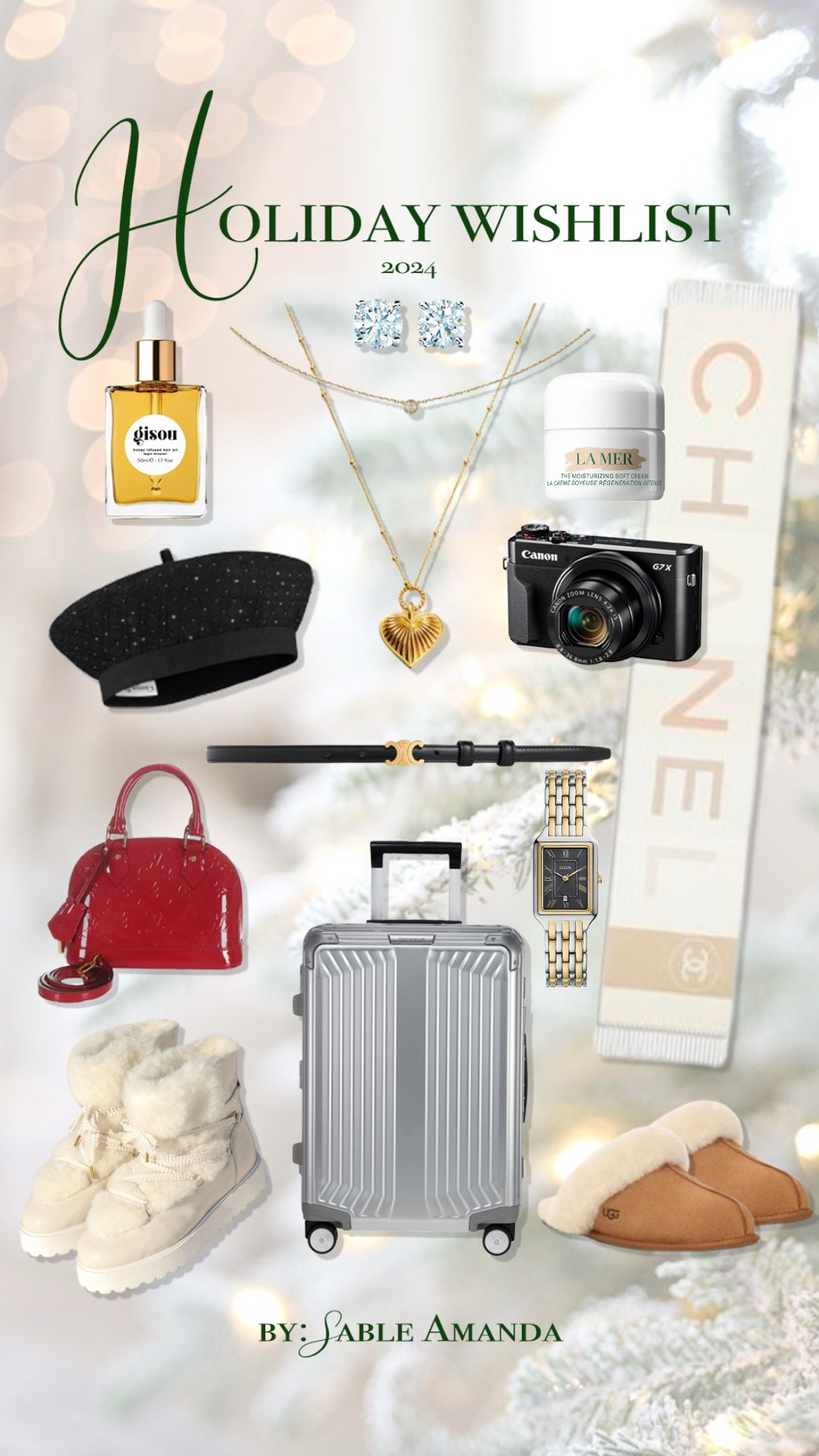 Every year I put together my Christmas wishlist in hopes I’ll receive at least one or two of these luxury gift items from the hubby. He’s not one to like guessing so it leaves room for surprise, and gifts for other special days like anniversaries or the birthday. Hopefully the list can help inspire gifts for her if she took likes high-end gifts like I do! 

Earrings: Tiffany 
1st necklace: Cartier
2nd heart necklace: Missoma
Face cream: La Mer
Hair oil: Gisou
Scarf: Chanel
Beret: Dior
Camera: Canon G7X Mark II (broke mine) 
Belt: Celine 
Watch: Fossil
Red bag: Vintage Louis Vuitton Alma 
Luggage: European Samsonjte Carry-on version 
Snow boots: Bobbie’s 
Slippers: UGGs


#LTKHoliday #LTKGiftGuide #LTKTravel