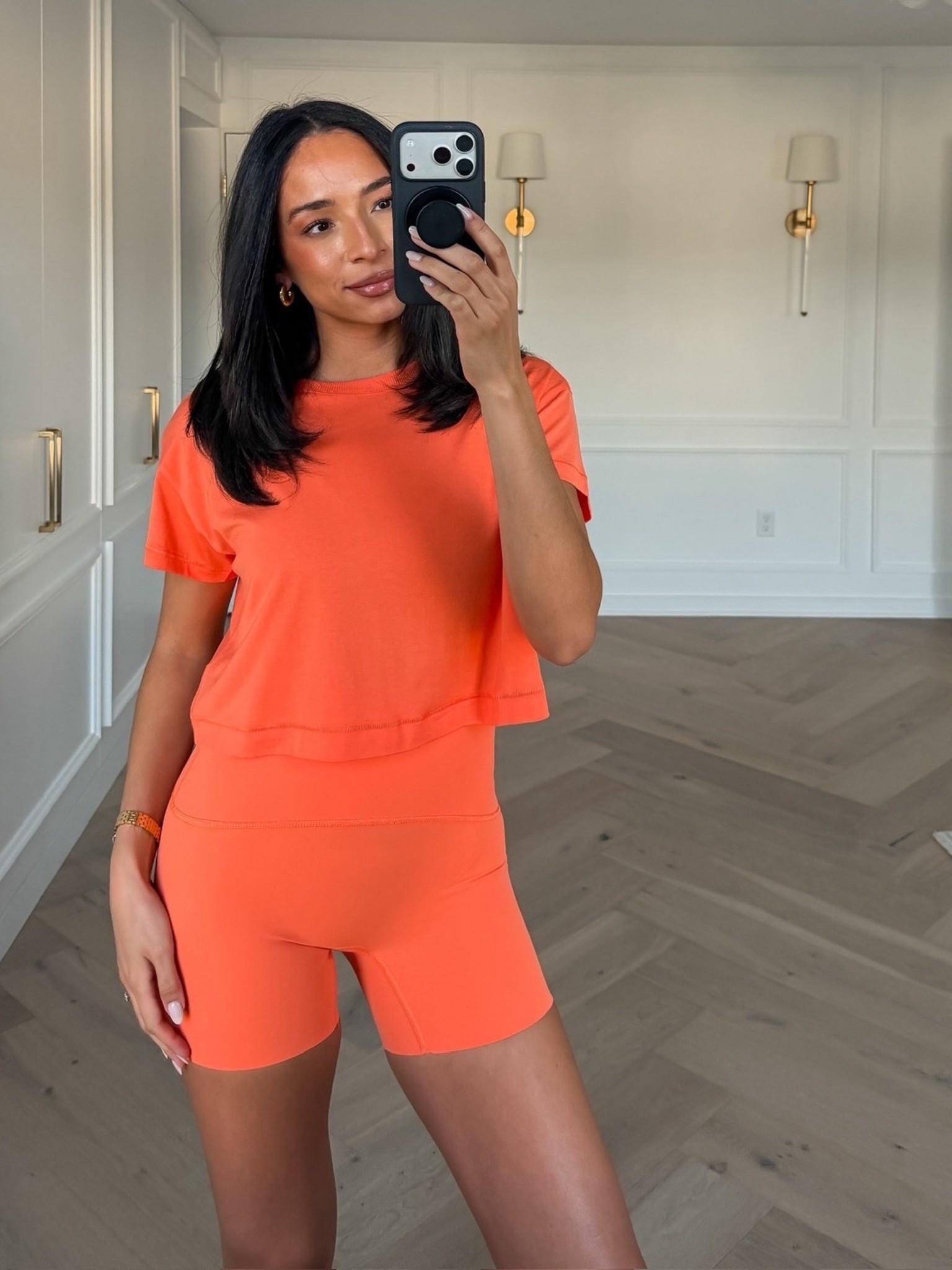 Use code NENAXSPANX for 15% OFF your first order! This color is perfect for spring and summer 😍 Wearing size S cropped tee and size S bike shorts

work from home outfit, activewear, workout outfit, casual outfit, mom outfit, postpartum outfit, loungewear, matching set, summer outfit 