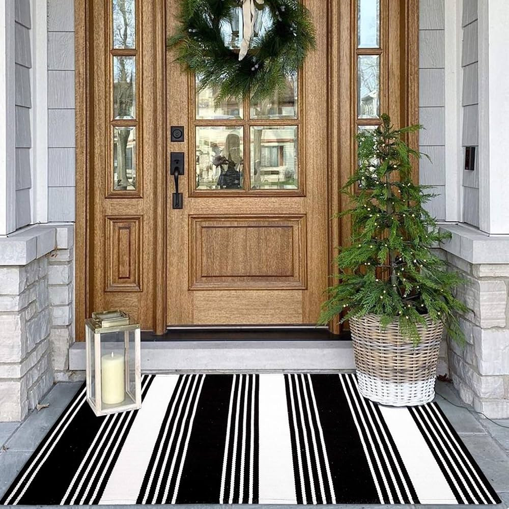 KOZYFLY Black and White Striped Area Rug 27.5x43 Inches Front Door Rug Hand Woven Cotton Washable... | Amazon (US)