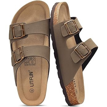 Litfun Women's Cork Footbed Sandal Summer Slip On Slide Sandals with Adjustable Buckle | Amazon (US)