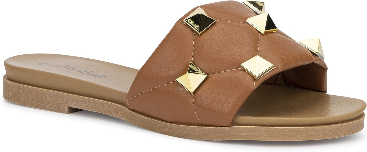 Olivia Miller Women’s Fashion Ladies Shoes, Emma Quilted Gold Studded Wide Strap Single Band Sl... | Amazon (US)
