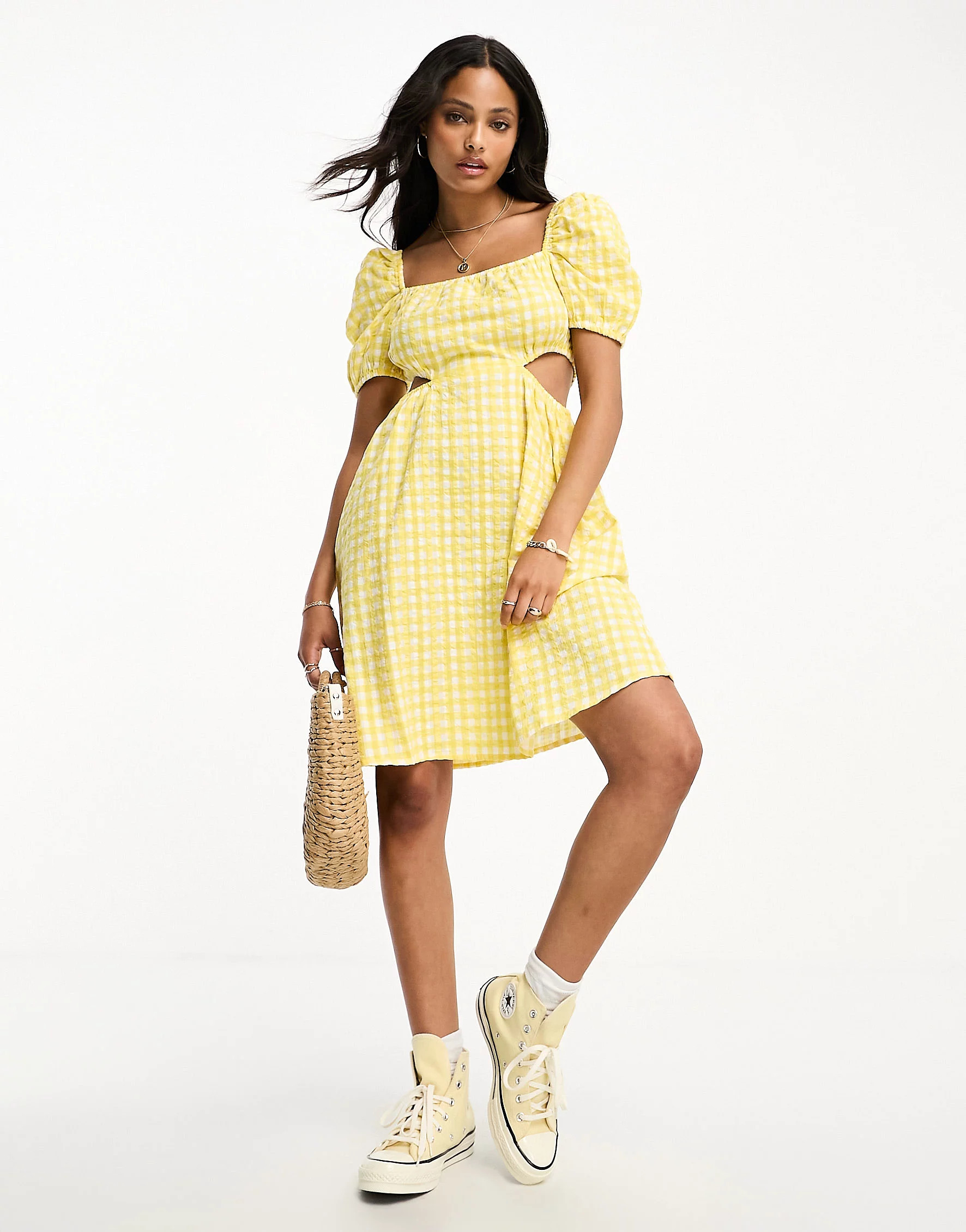 Monki balloon sleeve cut out mini dress in yellow gingham | ASOS (Global)