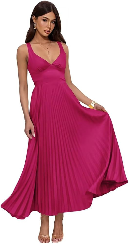 Satin Bridesmaid Dresses for Women Pleated Maxi Formal Evening Party Gown | Amazon (US)