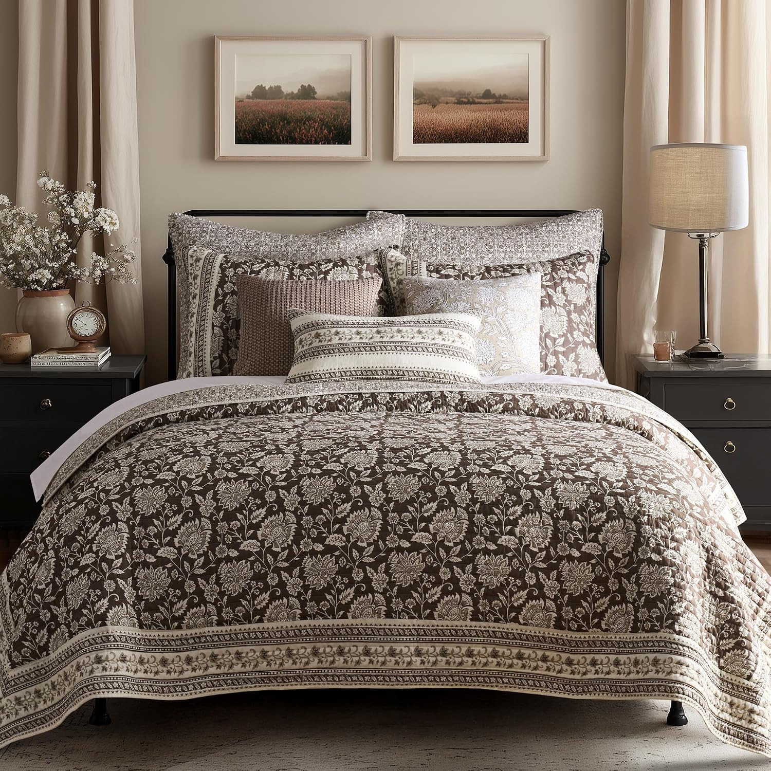 Levtex Home Adare Cocoa Reversible King/Cal King Quilt Set (106x92in) and 2 Pillow Shams (36x20in) - Floral Bedding - Brown Cream - Cotton King Size Quilt Bedding Set - Lightweight, Soft, Pre-Washed | Amazon (US)