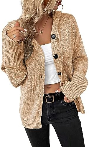 Women's Casual Cardigan V Neck Button Down Hooded Sweaters Long Sleeve Hoodies Outfits | Amazon (US)
