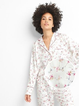 Gap Womens Dreamwell Satin Sleep Shirt White Floral Print Size M | Gap US