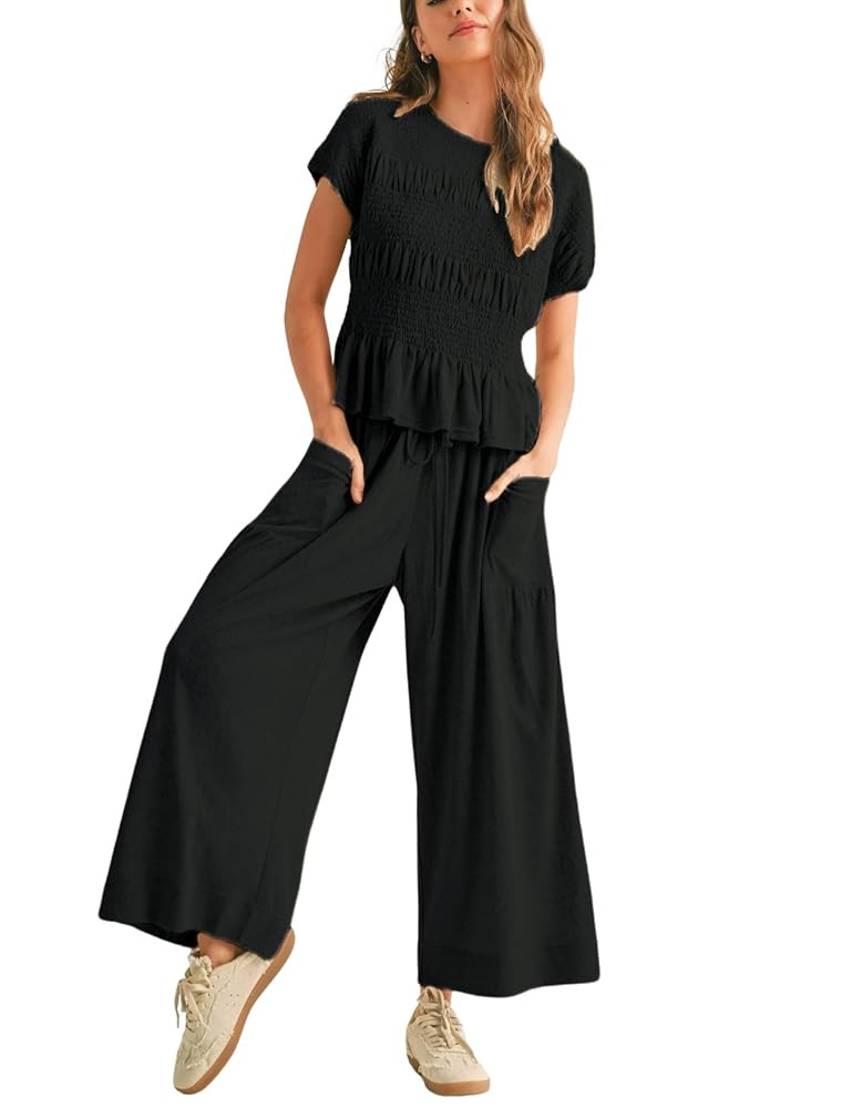 Womens 2 Piece Smocked Top Wide-Leg Pants Set High-Waisted Lounge Outfit with Pockets Casual Boho... | Amazon (US)