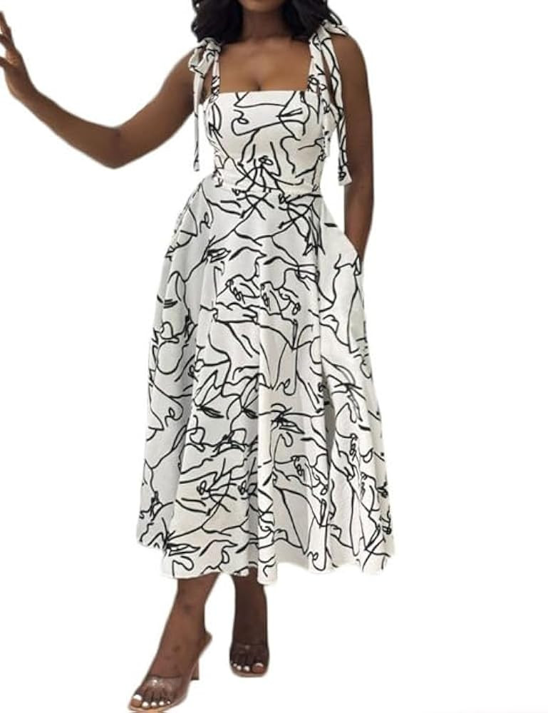 Yuopeid Women's Casual Vacation Beach Dress Printed High Waist Square Neck Sleeveless Flowy A Lin... | Amazon (US)