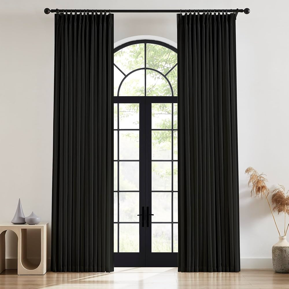 80 Wide Black Linen Full Blackout Curtains Pinch Pleated 108 Inch Long 2 Panels,Thermal Insulated... | Amazon (US)